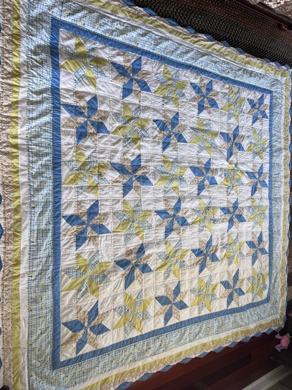 80x80 Hand and machine stitched Blue and Green Floral Patchwork Quilt